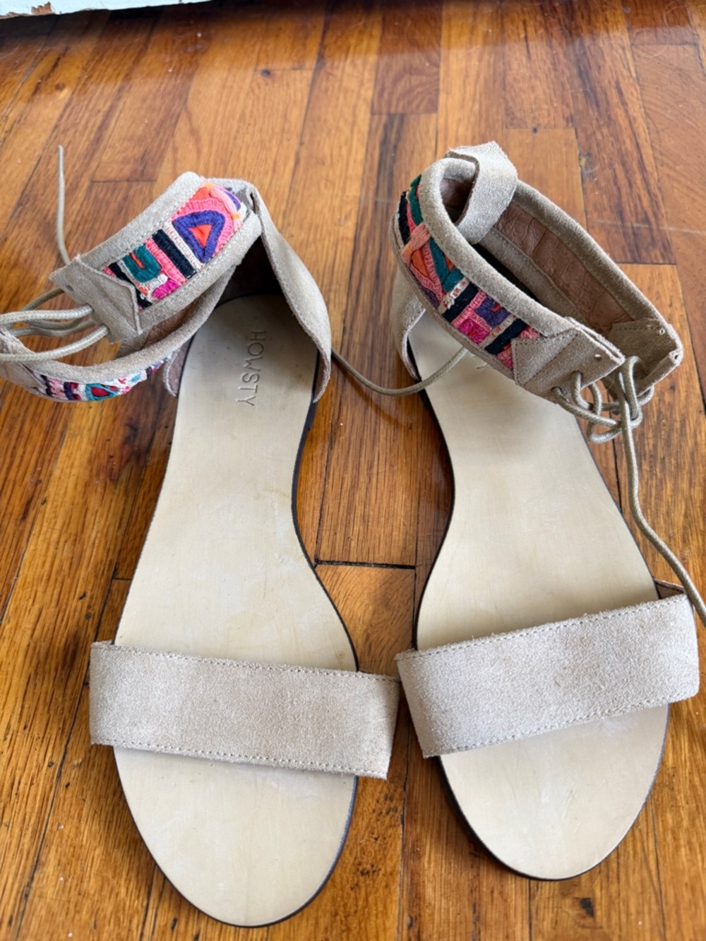 Anthropologie Howsty Beige Suede Sandals with Colorful Embroidered Ankle